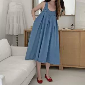 여자 뒷트임 스트랩 핀턱 밴딩 민소매 데님 롱 원피스