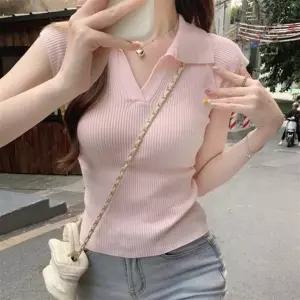 여자 멀티컬러 트임 카라넥 골지 슬림핏 반팔 니트