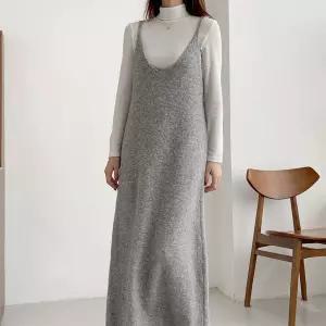 여자 울니트 끈나시 브이 돌돌이 A라인 가을 롱원피스