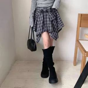 여성 체크 패턴 언발 밴딩 미니 힙 스커트