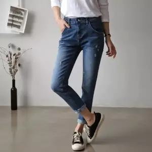 여자 사계절 스판 히든밴딩 디스트로이드 구제 배기 청바지 핏이 예쁜 데미지 데님팬츠 빅사이즈