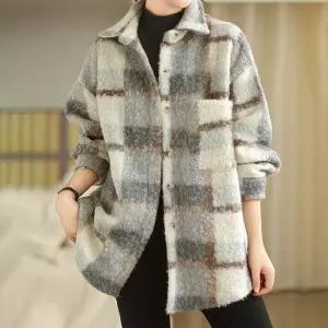 [퀸이즈][퀸이즈] 빅사이즈 페터 버튼 체크 뽀글이 카라 자켓