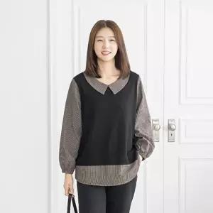 [마담4060]엄마옷 마담4060 티셔츠 중년여성 베이직한 데일리룩 잔체크카라-YTE2510025-