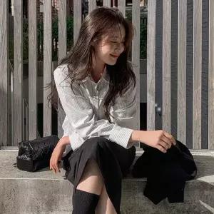 [코코블랑] 스트라이프 피치 기모 크롭 셔츠