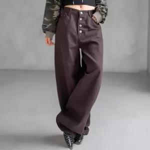 여성 키치무드 버튼 면혼합 와이드 청바지