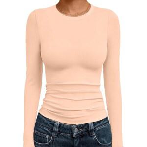 Ekouaer 여성 긴팔 속옷 경량 핏 셔츠 소프트 라운드넥 티셔츠 티 상의 보온 베이직 언더셔츠 슬림