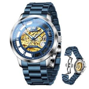 [미국배송] 남성용 OLEVS 자동 시계 스켈레톤 럭셔리 골드 드레스 스테인리스 스틸 빛나는 손이 달린 와인딩 기계식 방수 - 이상적인 선물