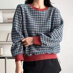 [하프클럽/]여자 배색 트위드 스트링 오버핏 링거 라운드넥 티셔츠