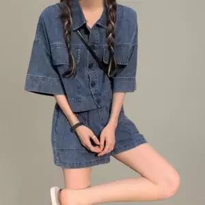 여성 키치 스타일 데님 포켓 반팔 셔츠 하이웨이스트 반바지 세트