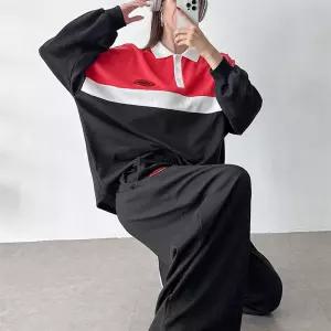 여자 가을셋업 긴팔 배색 카라티 밴딩 와이드팬츠 세트