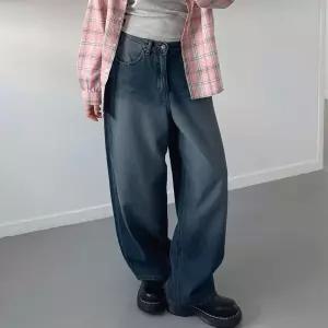 여자 벌룬 와이드핏 로우라이즈 중청 논스판 청바지