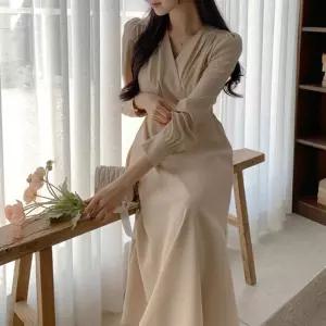 여자 러블리 랩 A라인 뒷밴딩 브이넥 롱 원피스