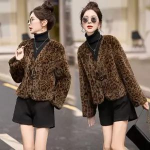 여성용 가죽 자켓 레오파드 퍼 일체형 모조밍크 다운코트 겨울 밍크 숏 코트 KS4