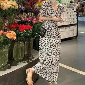 여성 허리조절 브이넥 반팔 원피스 여름 롱원피스 (WFJ5V5Y)