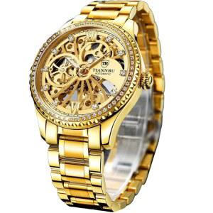 남성용 포시닝 럭셔리 골드 자동 기계식 시계 - 모의 투르빌론이 있는 스켈레톤 다이얼, 다이아몬드 마커 및 베젤, 9mm 얇은 케이스 스테인리스 스틸 밴드, 와인딩 손목시계