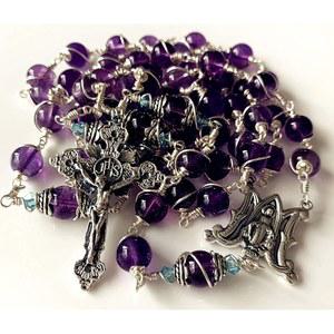 우아한 핸드메이드 925 스털링 실버 와이어 랩드 자수정 묵주 목걸이 크로스 기프트 박스