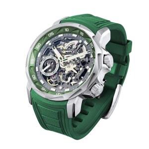 FICE FM511 GREEN 남성용 자동 골격 시계, 럭셔리 사파이어 크리스탈 글래스 블루 다이얼 야광 손, 실리콘 스트랩이 있는 5ATM 방수 스포츠 손목시계, 캐주얼 기계식 시계
