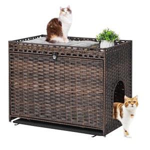 부드러운 깔때기 매트가 있는 고양이 화장실 인클로저, 문이 숨겨진 가구, 넓은 공간이 손으로 짠 라탄 집, 거실, 침실, 발코니를 위한 애완동물 상자(갈색)