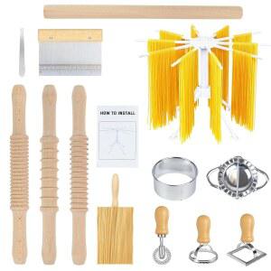 3 사이즈 파스타 만들기 도구, 나사산 롤링 핀이 있는 13개 나무 키트, 긴 핀, 접이식 건조대, 노치 보드 등, 집에서 에니오이