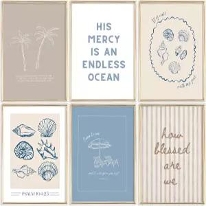 zxcvn888 6PCS 해안 기독교 벽 예술 성경 구절 캔버스 포스터 해변 그림 조개껍데기 손녀가 거실 침실