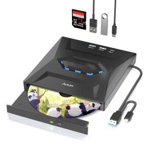 노트북용 Alxum 외장 CD/DVD 드라이브, SD 슬롯 및 USB 포트가 있는 Type-C 3.0 휴대용 CD 플레이어 DVD 버너 Windows /Mac OS /Linux /Vista용 8배 24배 초고속 속도