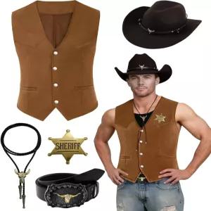 우핸드 남성 카우보이 스웨이드 가죽 조끼 모자 넥타이 버클 벨트 할로윈 코스튬 5개의 웨스턴 의상 관