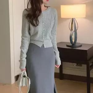 니트 겨울 린넨마 코트 현 싱글 꽈배기 여자재킷 원템4