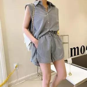 투피스세트 투피스 여름 스트라이프 데일리룩 셔츠 민소매 셋업