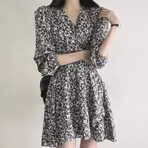 스커트 슬림허리 미니 브이넥 원피스 플라워패턴 봄가을 플레어 긴팔 여친룩