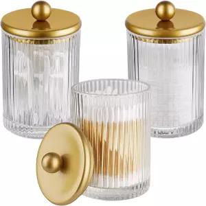 코마셔 3팩 유리 큐팁 홀더 디스펜서 세트 - 매트 블랙 메탈 뚜껑이 있는 코튼 볼 면봉 치실 픽 메이크업