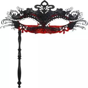 가면 무도회를 위한 스틱 블랙과 레드 핸드헬드 마디 그라 마스크를 착용한 에이미인 여성용 베네치아