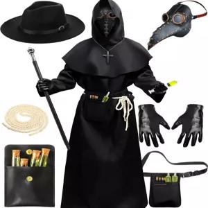Xtinmee 13개 전염병 의사 가면 의상 세트 할로윈 장식 후드 망토 가운