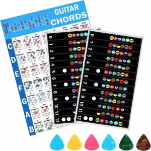 XLiUAX 2종 기타 프렛보드 스티커 1종 코드 차트 6종 색상 코드드 노트 데칼 도구 핑거보드 프렛 맵 초급