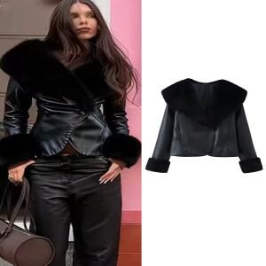 여성용 TFMLN 겨울 인조 가죽 재킷 패션 PU 스플라이싱 퍼 칼라 아우터 긴팔  슬림