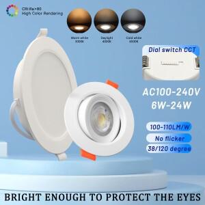 매입형 LED 스포트라이트 다이얼 스위치 CCT 다운라이트 AC100240V 천장 조명 실내 3 색 조절 6W 7W 20W 24
