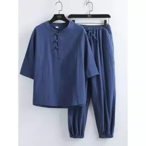 숯가마옷세트 찜질복 마사지복 찜질방 상하세트 네이비블루 세트 M 40~52.5kg