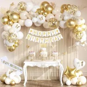 여성 소녀들을 위한 업그레이드된 화이트와 골드 생일 장식 축하 배너 새시 샌드 화이트 색종이 풍선