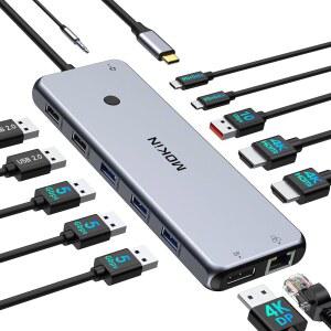 노트북 허브 듀얼 모니터 멀티포트 어댑터 도크 동글, USB C to 2 HDMI, 디스플레이 포트, PD 충전, 이더넷, A/C 3.1/3.0/2.0 포트 7개, 오디오
