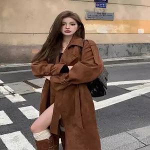 여성 스웨이드 롱 아우터 따뜻한 트렌치 로브