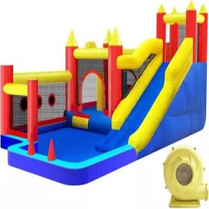 바운스 하우스 3-10 용 공기 송풍기가 장착된 풍선 바운서 롱 슬라이드 트램펄린 장애물 암벽 등반 볼