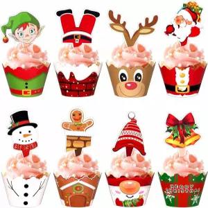 크리스마스 컵케이크 토퍼 파티 용품 128개 - 눈사람 산타클로스 순록 엘프 놈 진저브레드