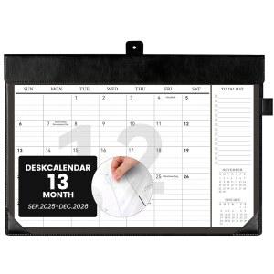 책상 달력 -2026, 12월 -12월 2026, 할 일 목록이 있는 대형 달력, 직장 사무실 가정 여성 남성용 PVC 커버가 13개월 가죽 패드 벽 17 x 12, 블랙