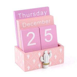 노타키아 퍼페추얼 캘린더 우드 블록 빈티지 홈 오피스 책상 액세서리 날짜 표시 핑크