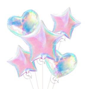 5개의 이리데센트 풍선 세트 - 언더 더 씨 인어 파티 / 발렌타인 데이 생일 결혼식 냉동 테마 장식용 32인치 투명 크리스탈 별 및 하트 포일