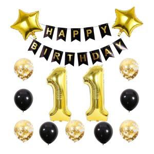 Chaungfu11 생일 파티 용품 골드 번호 11 포일 풍선 축하 배너 키트 11번째 장식 블랙 라텍스 색종이 별 여자 남자 선물하기 좋은 선물