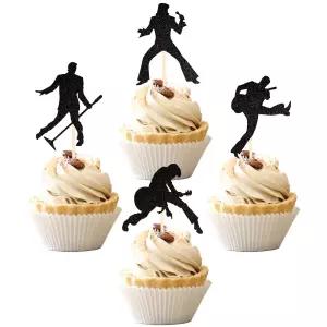 24 PCS 록 밴드 컵케이크 토퍼 블랙 글리터 팝 음악 테마 추천 콘서트 생일 파티 케이크 장식 용품