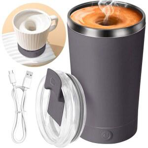 [미국배송] 뚜껑이 있는 하이티산 셀프 교반 커피 머그잔 고속 머그잔 400ML 커피 우유 코코아 크리스마스 선물용 충전식 분리형 스테인리스 스틸 컵 (다크 그레이)