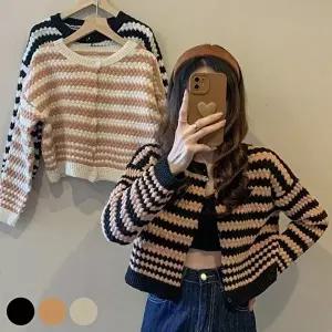 크롭 인기 살짝 기장 예쁜 배색 스트라이프 가디건 (KYR-WFGSOJF)