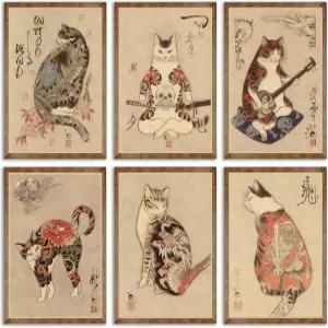 6PCS 일본 사무라이 고양이 벽 아트 프린트 포스터 부시도 장식 쿵푸 그림 타투 재미있는 판타지 사진