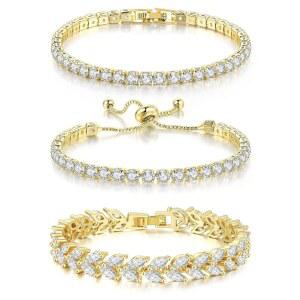 GEMOSA 3종 테니스 팔찌 세트 14K 골드 도금 마르퀴즈 큐빅 지르코니아 CZ 다이아몬드 염색 조절 가능한 실버 여성 신부용 스태커블 패션 주얼리 웨딩 프롬 선물